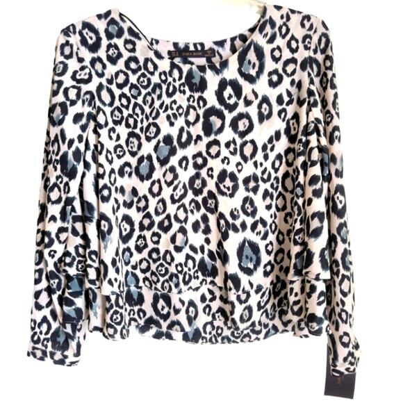 Zara Basic Leopard Print Top Women's Sz M Tan Black Layered Long Sleeve Pullover - Picture 5 of 16